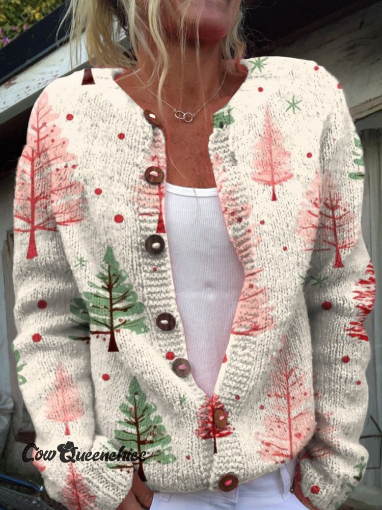 Christmas Tree Art Vintage Print Buttoned Cardigan Sweater Multicolor / S