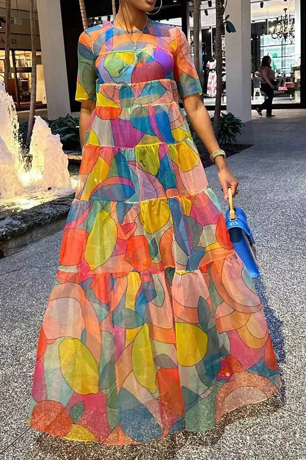 Graphic Print Colorful Tiered Ruffle Maxi Dress
