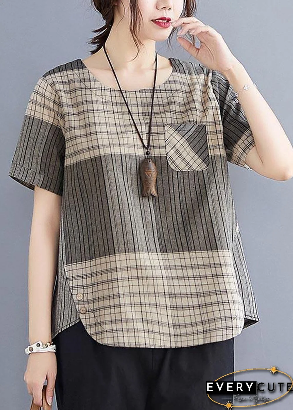 French Grey Plaid asymmetrical design Cotton Linen Blouse Top Summer