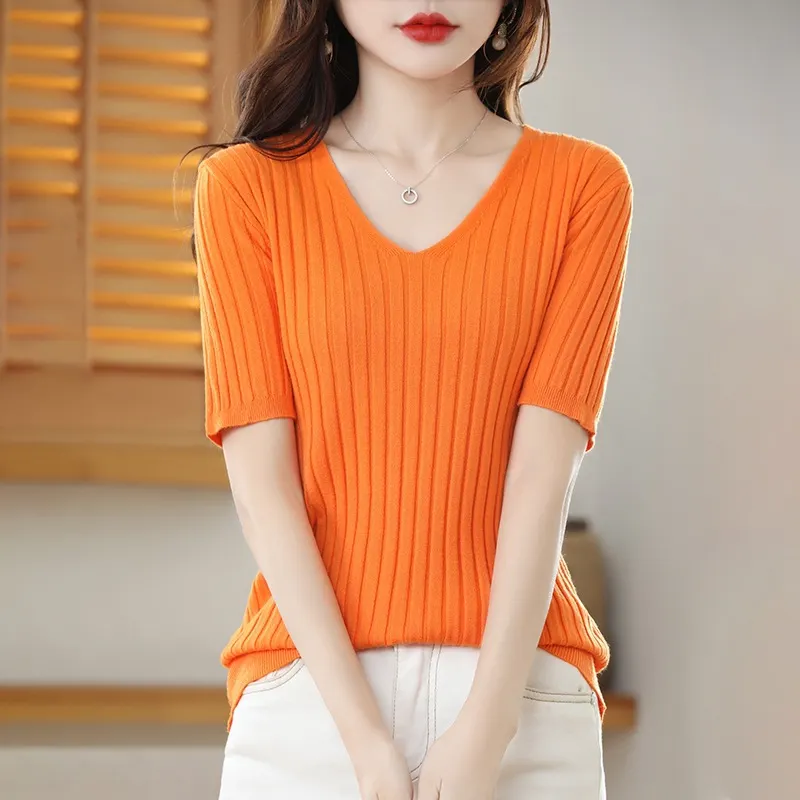 Churchf Churchf The Summer Of 2024, Women's Knit Short Sleeve Korean V-Neck Solid Color T-Shirt And A Pit Top
