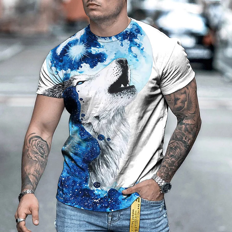 Wolf Print 3D Summer Street Crew Neck Short Sleeves Mens T-Shirts at Hiphopee