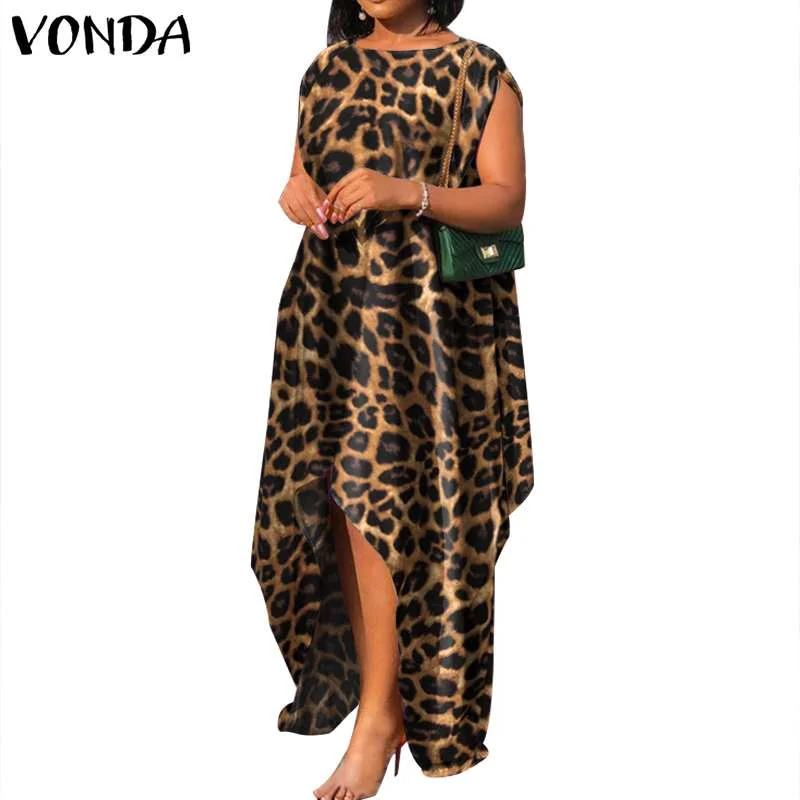 VONDA Women Long Dress Vintage Leopard Print Dresses Sexy Sleeveless Irregular Hem Tank Robe Bohemian Vestido  Sundress
