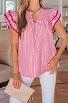 Women's Elegant Rose Stripe Shirred Yoke Ruffled Short Sleeve Blouse Top