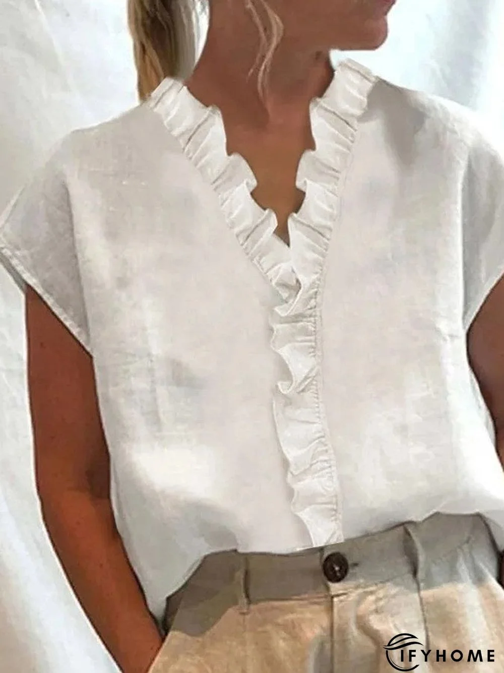 Women's Cotton Linen Ruffle Splicing Shirt | IFYHOME