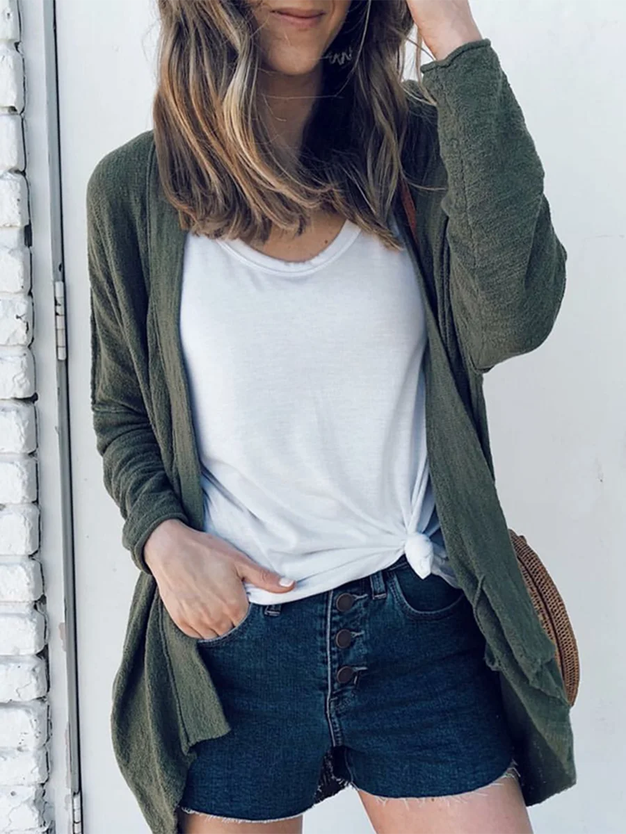 Knitted Solid Color Irregular Hem Cardigan