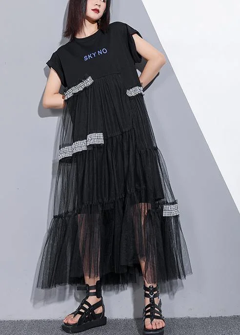 Unique o neck patchwork tulle cotton dress black Art Dresses summer