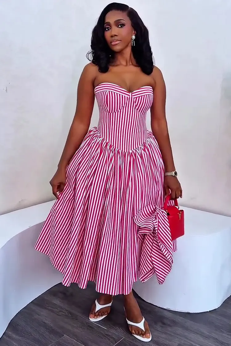 Striped Strapless Cinch Waist A-Line Casual Maxi Dresses-Red [Pre Order]