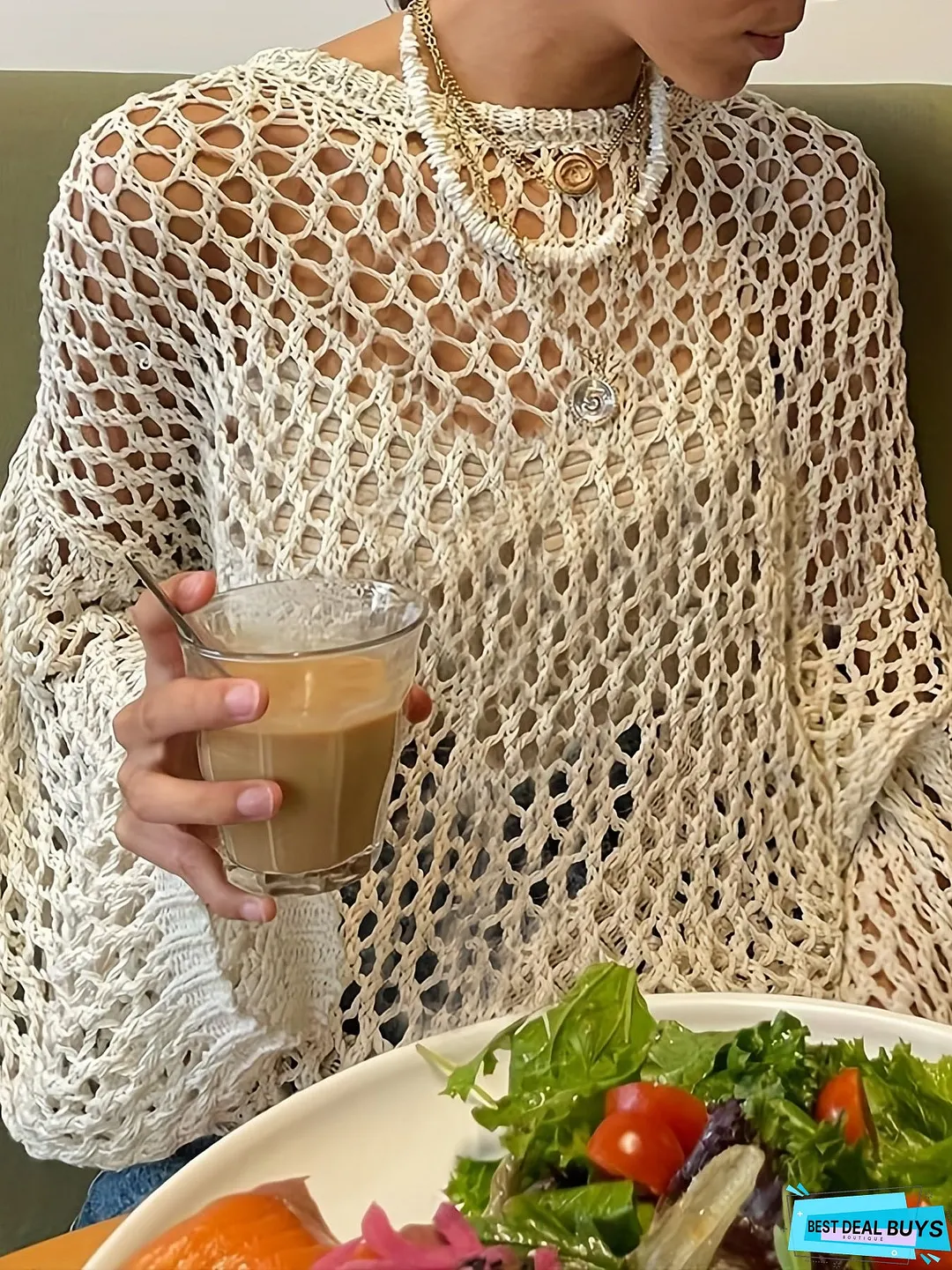 Crochet Cut Out Cover Up Top, Y2K Long Sleeve Crew Neck Top, Women's Clothing