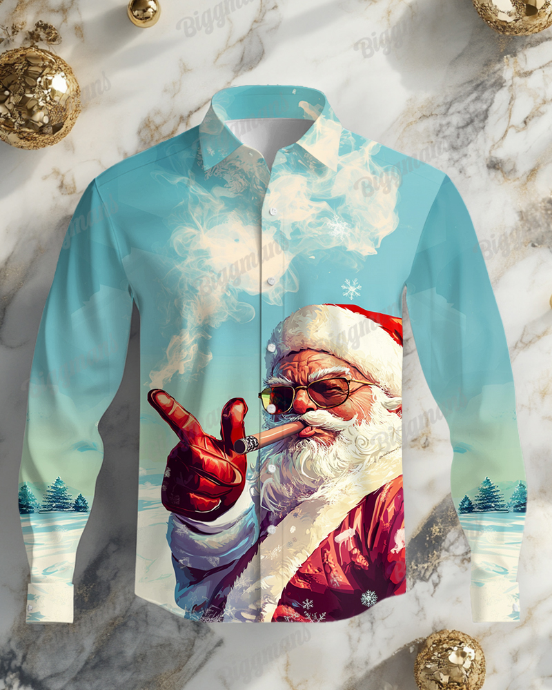 Plus Size Men's Christmas Arrogant Santa Claus Print Lapel Long Sleeve Shirt