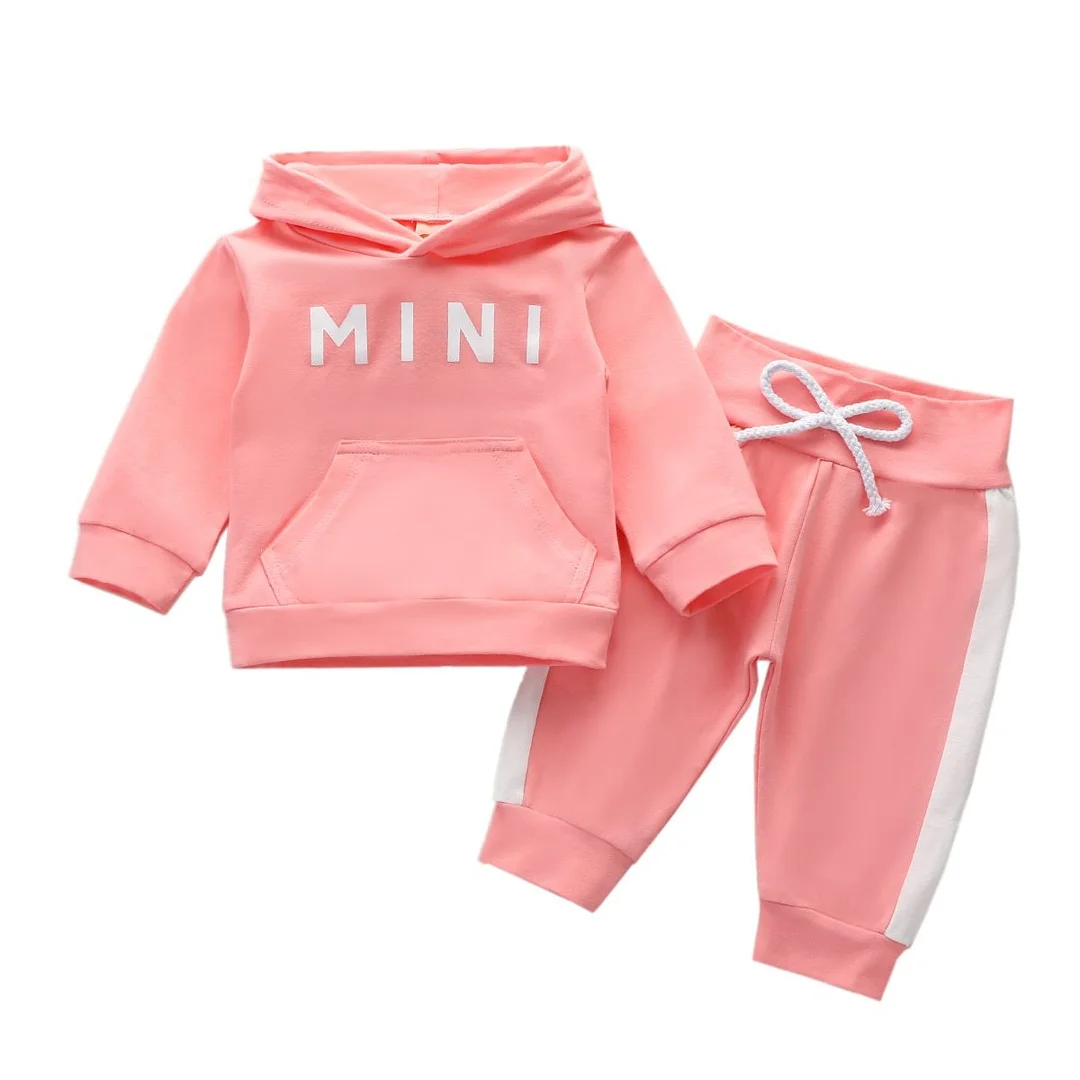 Spring Autumn Toddlers Sportwear 100% Cotton Clothes Set Baby Girls Lette Long Sleeve Hooded Top + Sports Style Trousers Kit