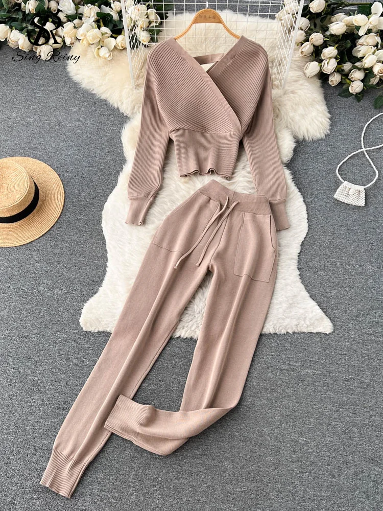 Huibahe Winter Casual Knitted Two Pieces Suits V Neck Long Sleeve Sweater+ Elastic Casual Long Pants Sets Women Sweater Sets