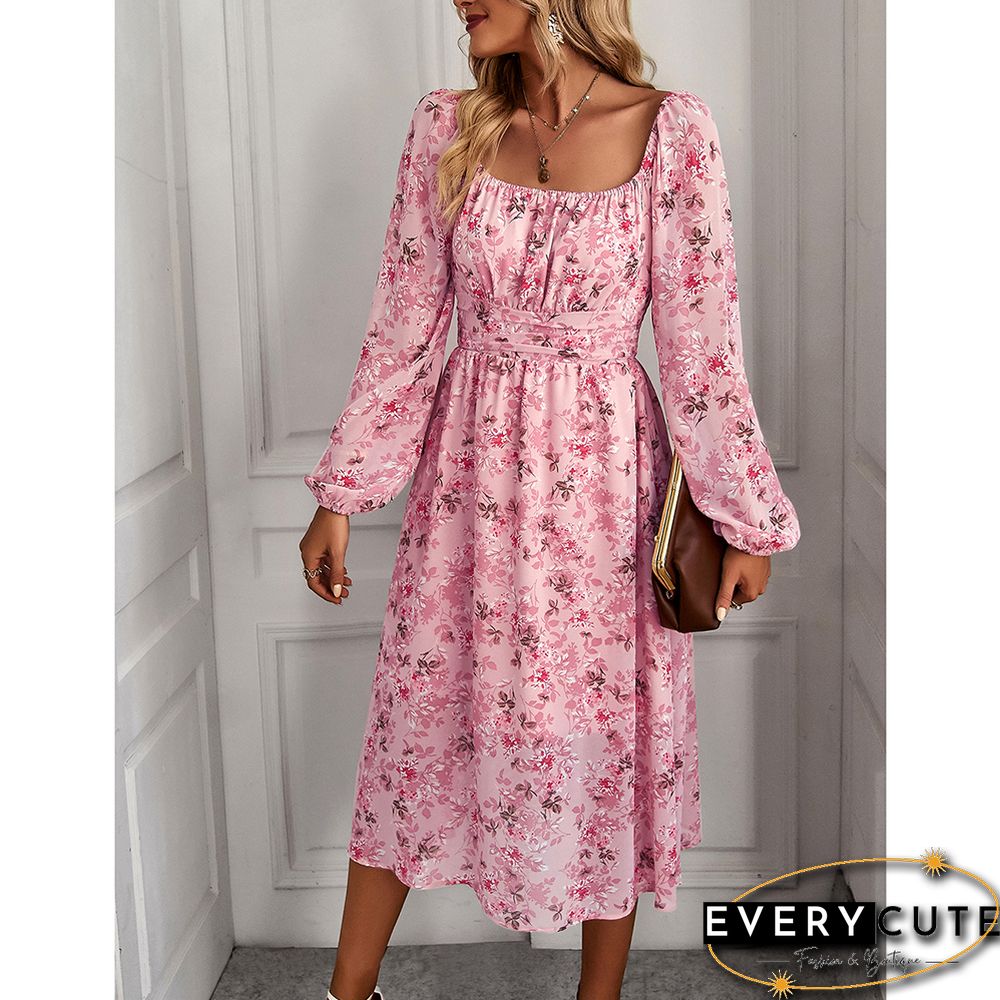 Pink Square Neck Back Pleated Chiffon Floral Dress