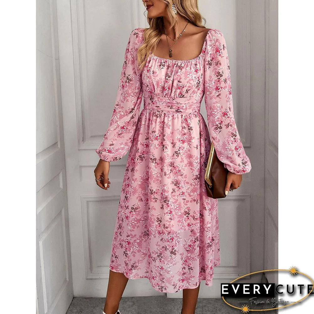 Pink Square Neck Back Pleated Chiffon Floral Dress