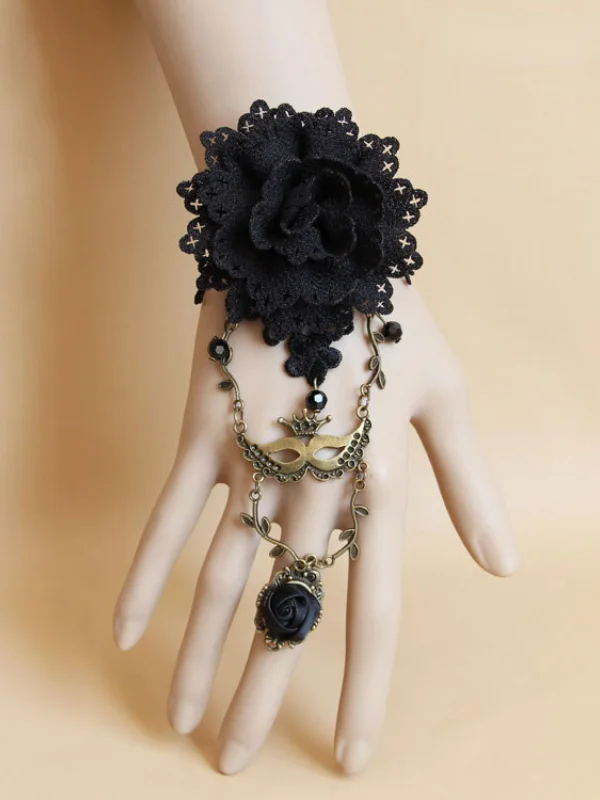 Goth Crystal Flower Chains Ring Bracelet