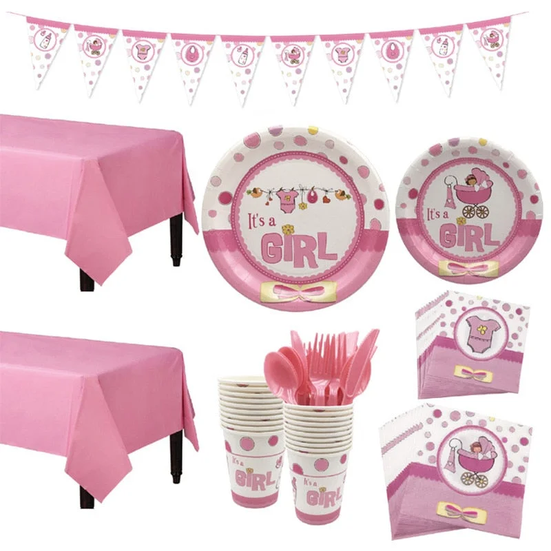 1Set Baby Shower Decoration Party Tableware Kid Birthday Paper Plate Cup Tablecloth Baby Shower Gender Reveal Party Supplies
