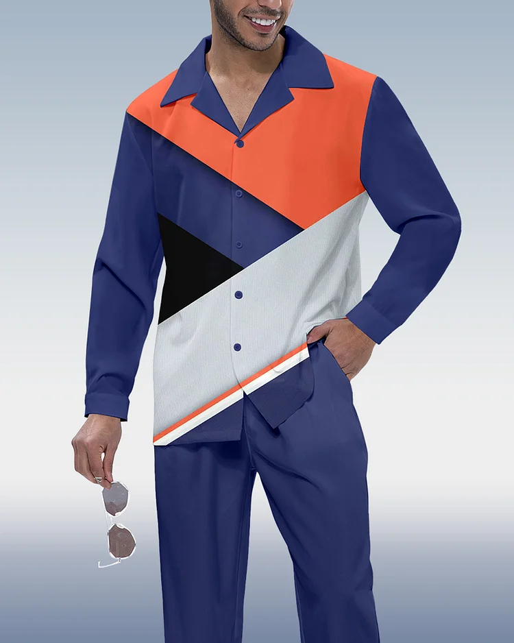 Suitmens Men's Colorblock Print Long Sleeve Shirt Walking Set 276