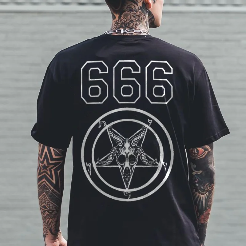 666 Baphomet print casual loose t-shirt designer -  UPRANDY