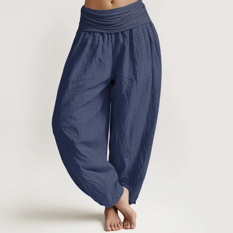 Plain DarkSlateBlue Pure Cotton Women's Elastic Waist Harem Pants