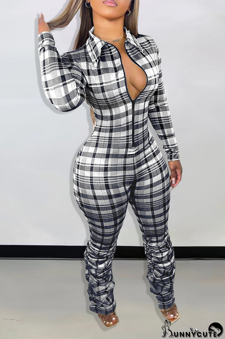 Black White Casual Plaid Split Joint Turndown Collar Skinny Jumpsuits