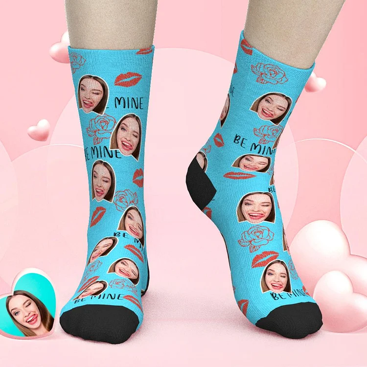 Custom Face Socks Be Mine Valentines Day Personalized Portrait Photo Rose Socks