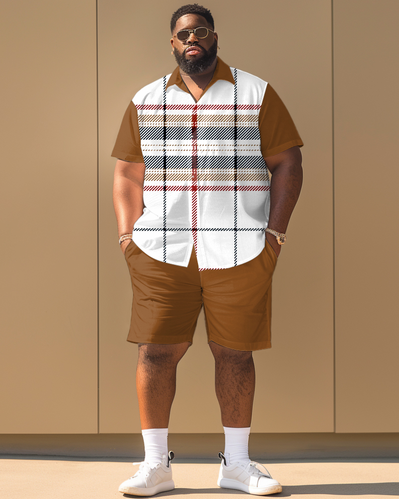 Big Men's Classic Plaid Stitching Print Short Sleeve Shirt Shorts Set