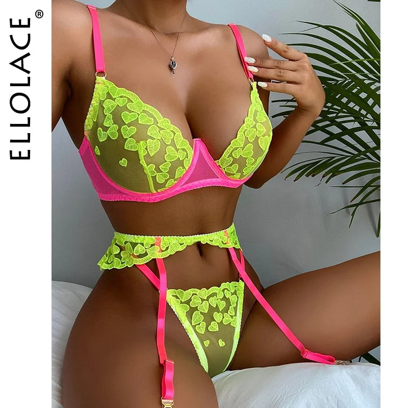 Ellolace Neon Lace Lingerie Sexy Underwear Heart-Shaped Embroidery Erotic Set Sensual Patchwork 3-Piece Garters Breves Sets 531-1