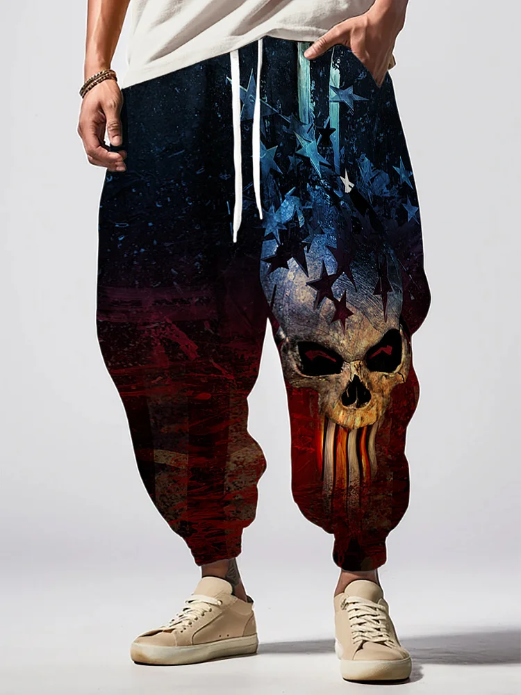 Men's America Independence Day Skull Graphic Print Loose Drawstring Waist Sweatpants