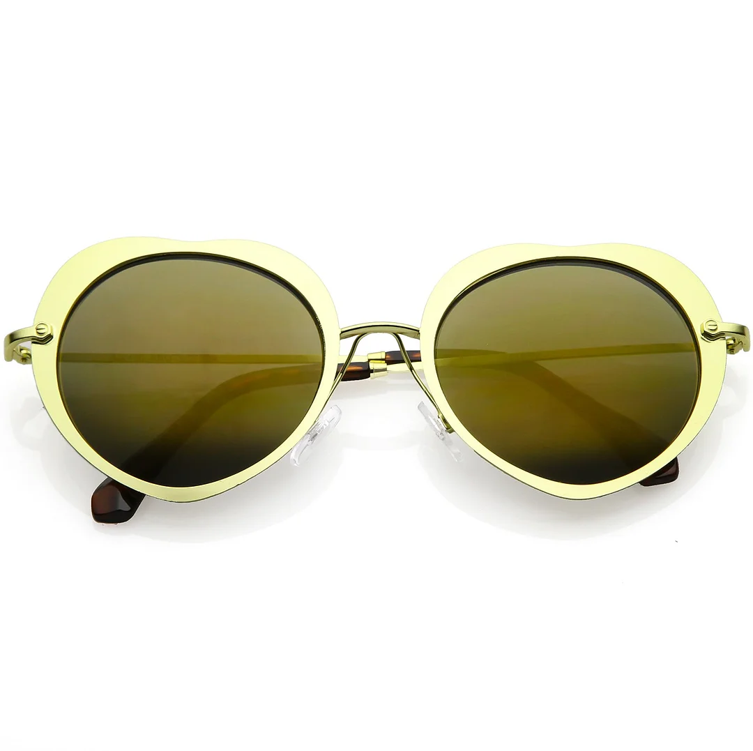 Women's Unique Heart glasses Thin Metal Arms Round Color Mirrored Lens 54mm