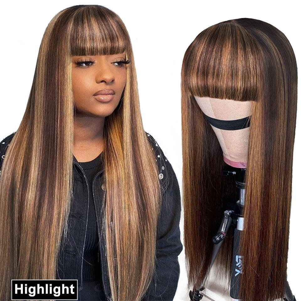 100% Human Hair Machine Made Brazilian Highlight Straight Wig With Bangs