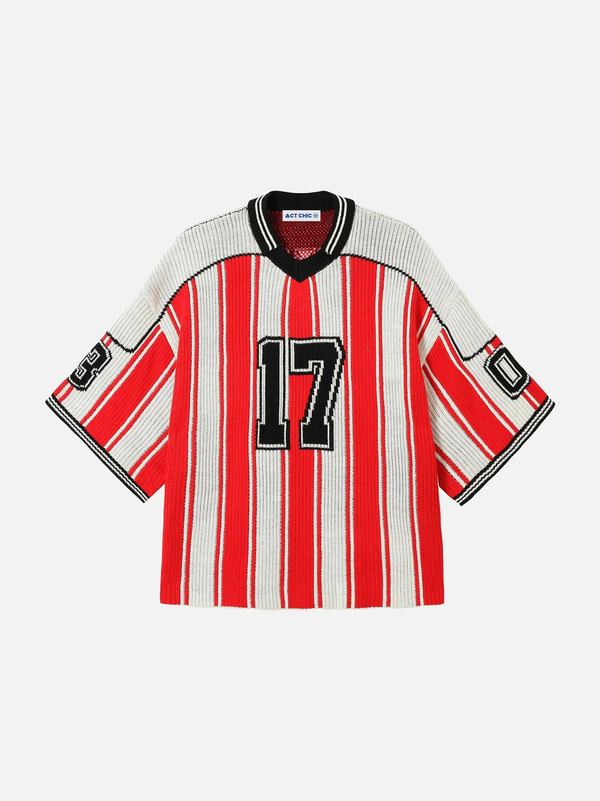 Red Number Stripe Graphic V-neck Knit T-shirt Front