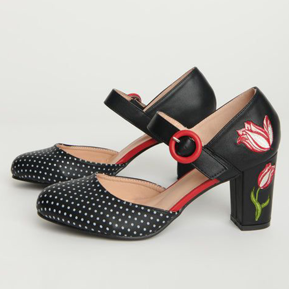 Black Polka Dot Round Toe Block Heel Mary Jane Pumps with Tulip Nicepairs