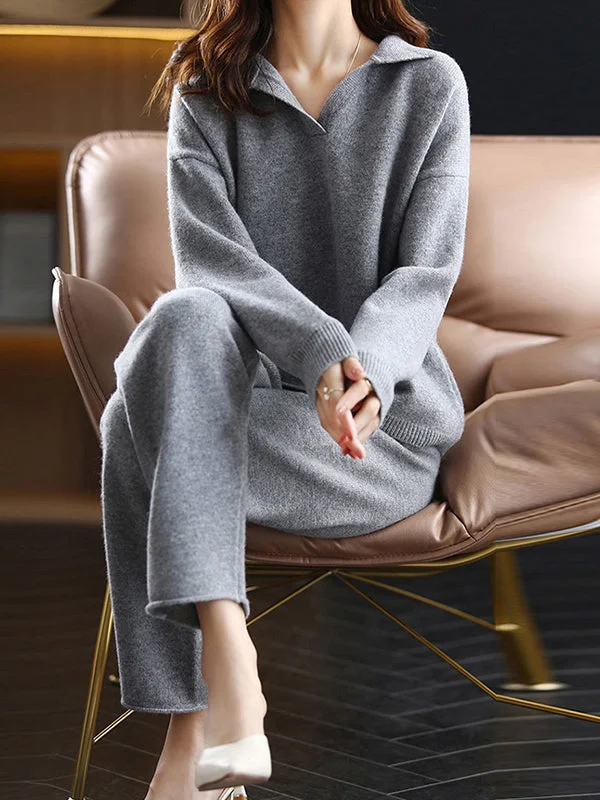Solid Color Long Sleeves Loose Polo Sweater Top   Pants Bottom Two Pieces Set