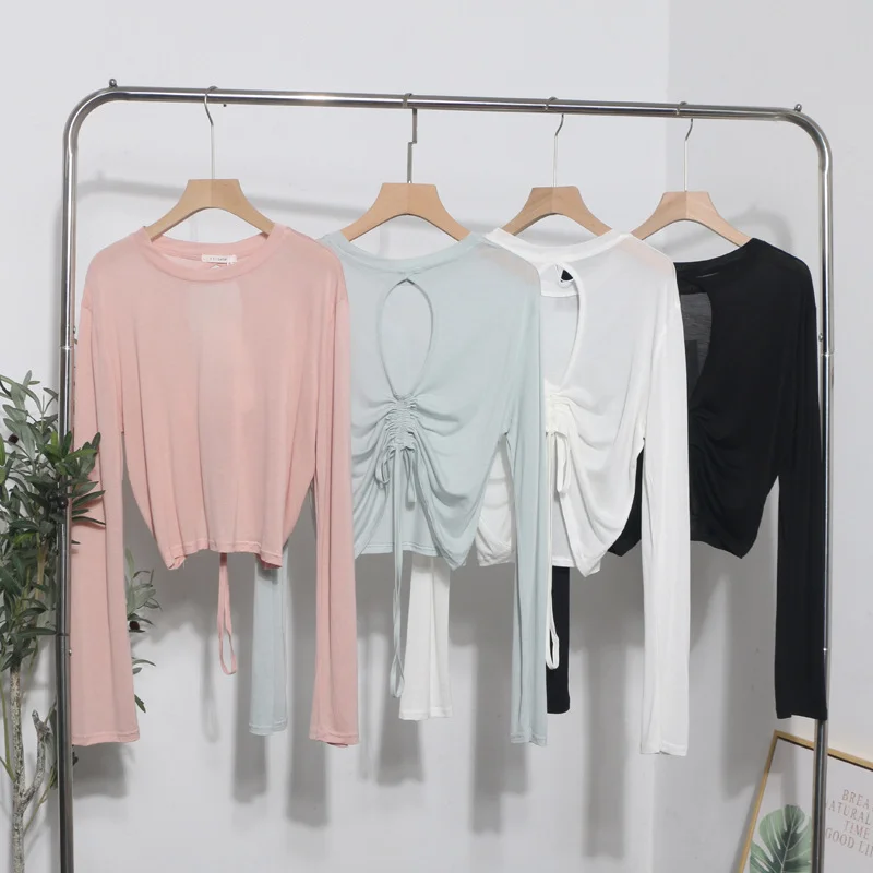 Uveng Han Shied Bare Back Drawstring Blouse Woman Summer Small Casual Wear Thin Hoodie Short-Sleeved T-Shirt 85827