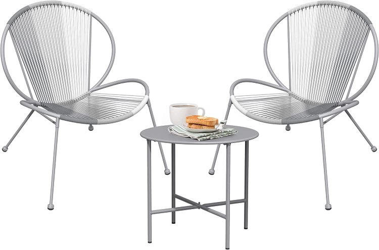 3 Piece Acapulco Steel Woven Rope Bistro Set  with Coffee Table (Cool Grey)