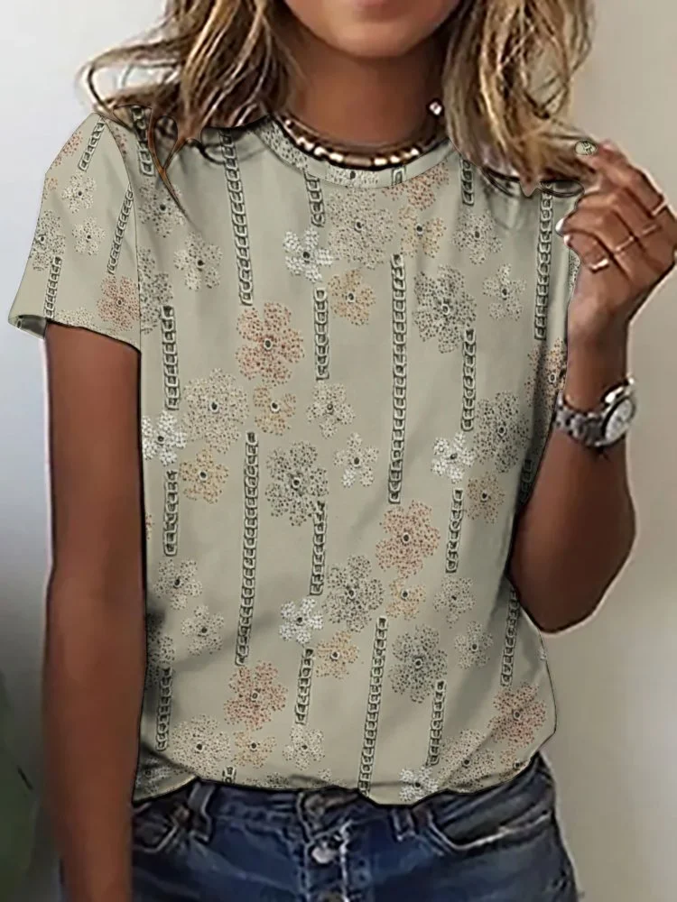 Printed Short Sleeve Casual T-shirt for  Women and Men Unisex Pattern Khaki, Floral