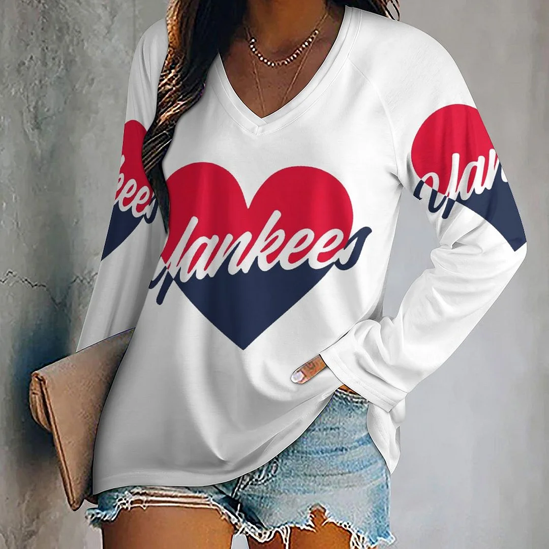 V-neck Long Sleeve Casual T-shirt for  Women and Men Printed with Pattern ,Blue