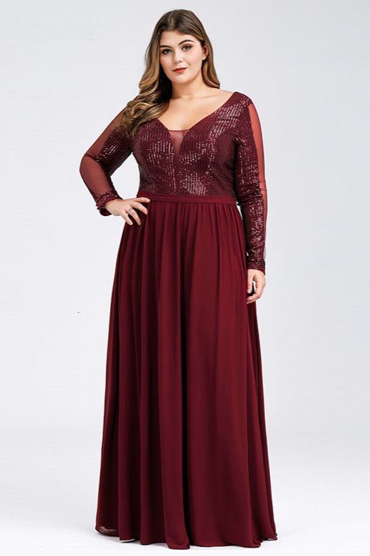 Burgundy Long Sleeve Plus Size Prom Dress Mermaid Sequins Evening Gowns - lulusllly