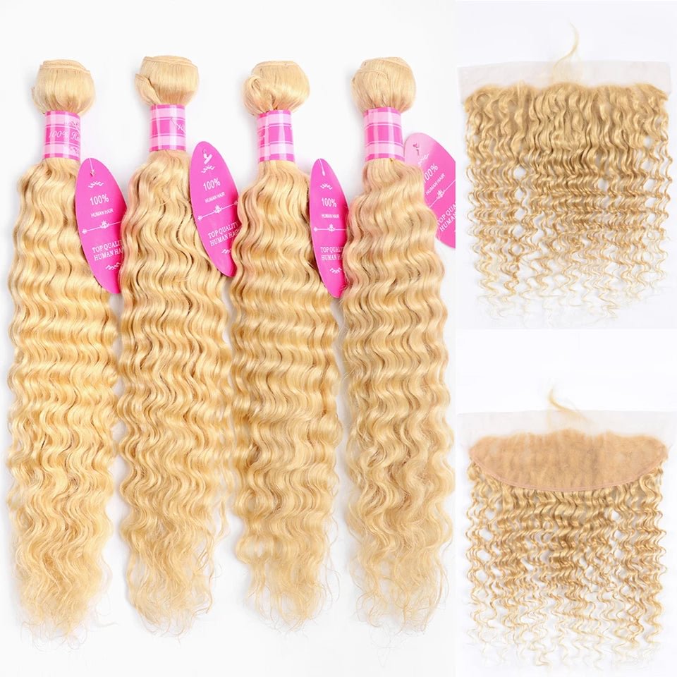Vallbest Hair 613 Blonde Deep Wave Hair 4 Bundles With 13X4 Lace Frontal Blonde Color Virgin Human Hair US Mall Lifes