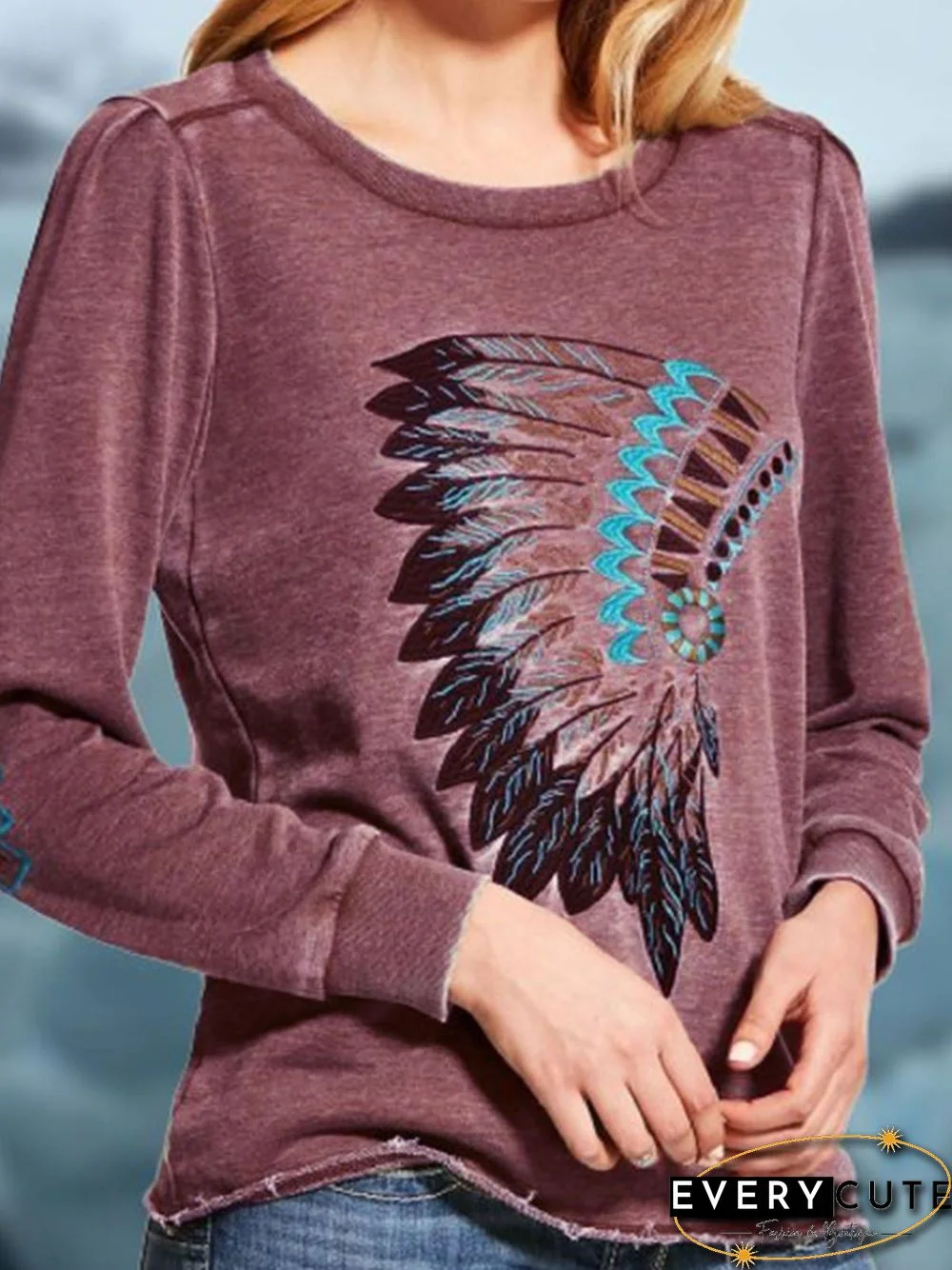 Round Neck Cotton-Blend Long Sleeve Color-Block Shirts & Tops