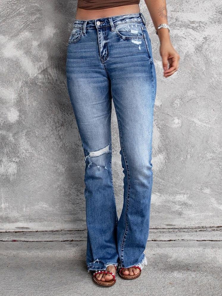 Women's Jeans Ripped High Waist Retro Slim Micro Flared Jeans