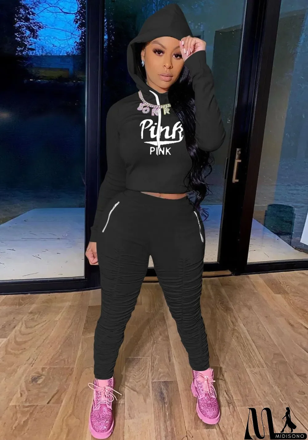 MidiSono - Fall Sports Black Letter Printed Hoody Ruched Two Piece Sweatsuits
