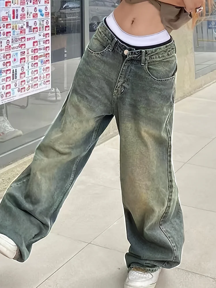New Retro Wash Water Spice Low-Rise Y2k Baggy Jeans Baggy Street Style Wide-Legged Women Jean