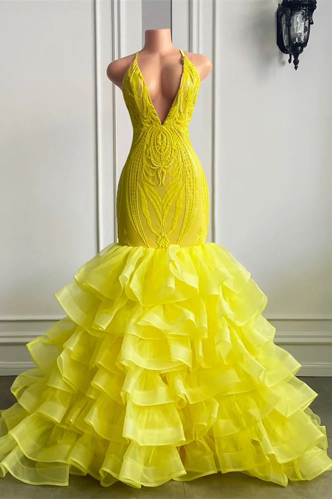 Bright Yellow V Neck Halter Mermaid lace Prom Dress With Ruffle PD0706