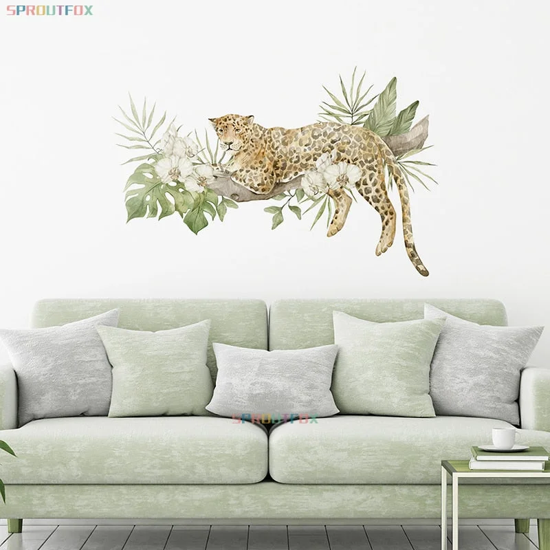 Cartoon Animal Leopard Wall Stickers for Baby Kids Room Nursery Mural Decals Forest Animals Plants Home Decoration