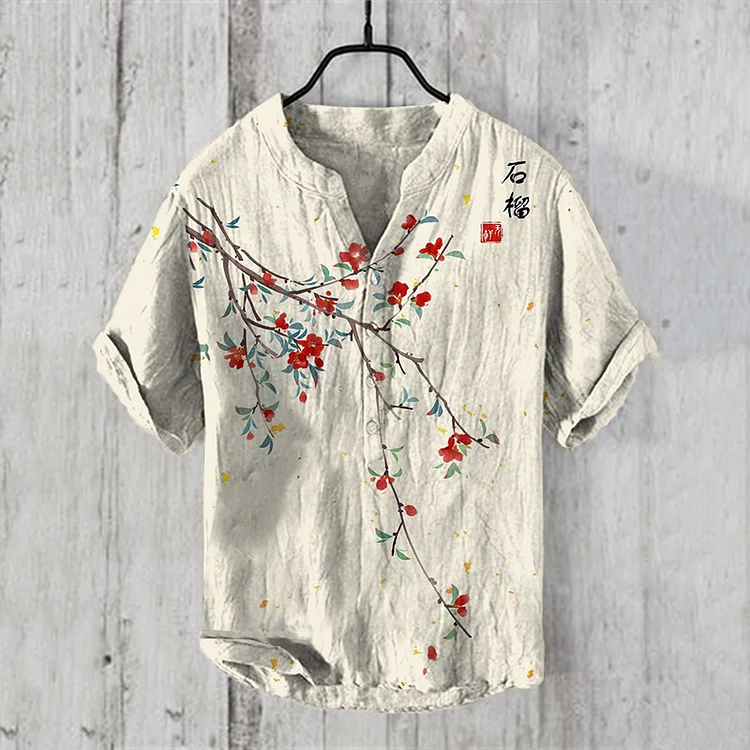 Wearshes Men's Vintage Japanese Pomegranate V Neck Casual Linen Blend Shirt