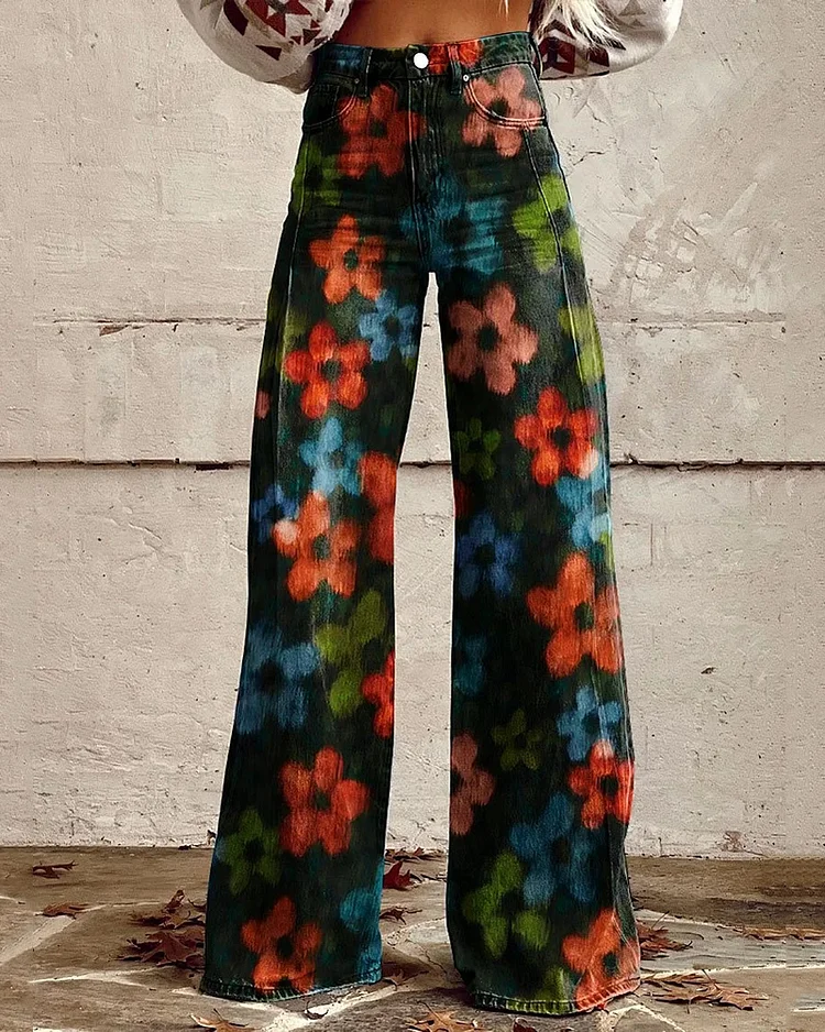 Women's Casual Loose Floral Print Denim Wide Leg Pants