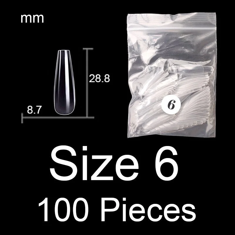 100 Pieces Full Cover Coffin Nails Single Size Ballet Shape Ballerina False Nail Tips Natural Transparent Size 0 ~ 9 Available-Nail Inspo