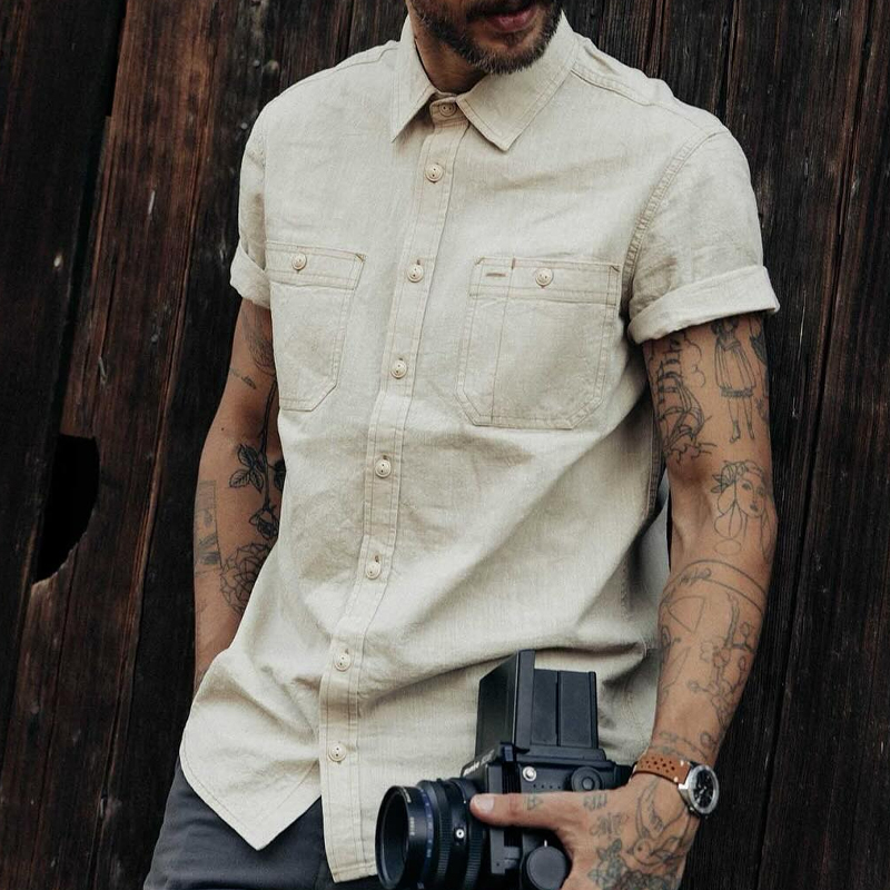 Vintage Cotton And Linen Striped Single-Breasted Short-Sleeved Shirt