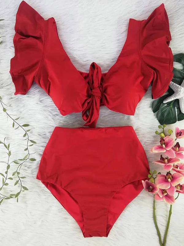 Ruffled Bowknot Split-Front Bikini Swimwear