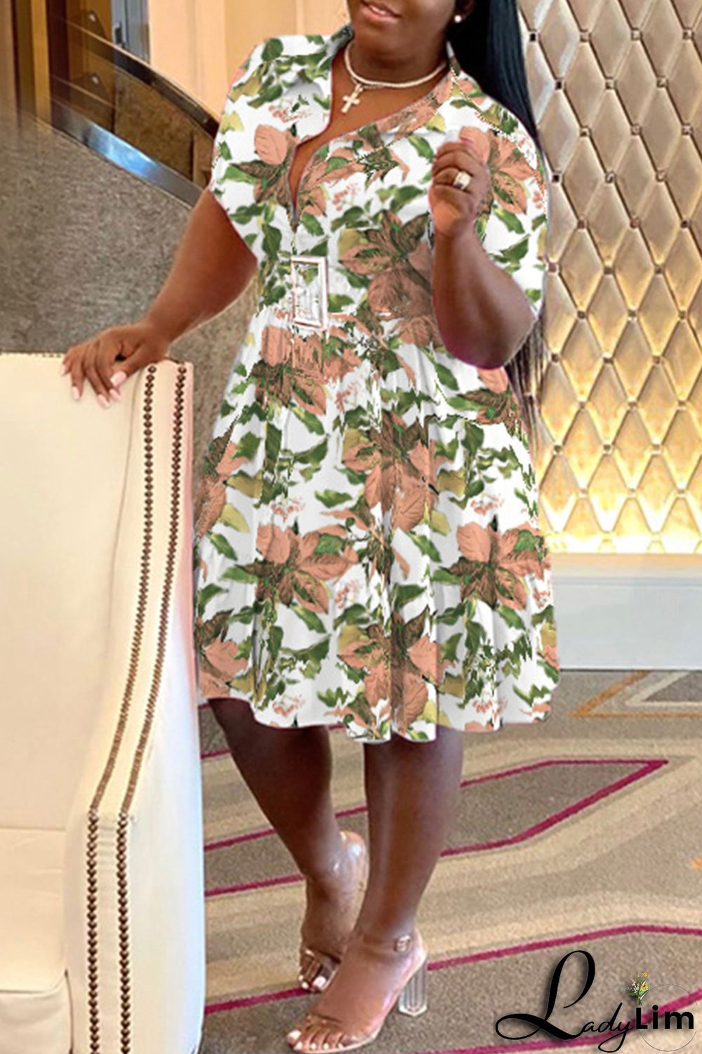 Purple Casual Print Patchwork Fold Turndown Collar A Line Plus Size Dresses